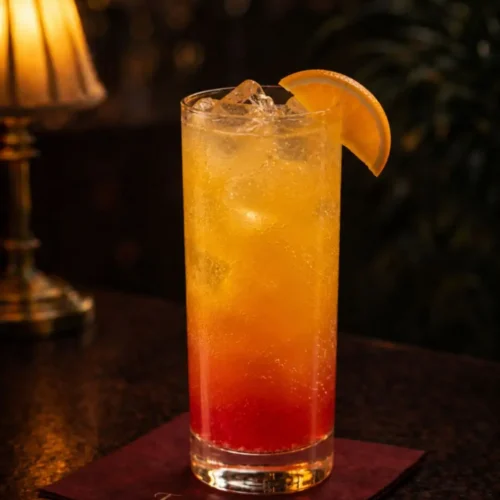 Sunrise fizz donosi spoj soka od narandže, ananasa i grenadina uz dodatak sode, stvarajući osvežavajući bezalkoholni tropski miks za svaku priliku.